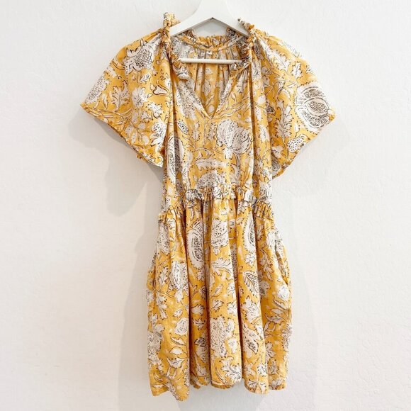 Floral 100% Cotton V-Neck Short Sleeve Ruffle Trim Flowy Mini Dress Boho Small - Picture 1 of 9